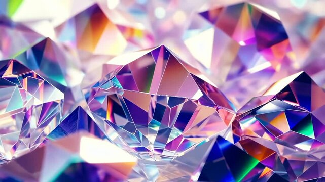 Close-up, low-angle shot of sparkling purple and pink crystals, creating a mesmerizing, kaleidoscopic effect, ideal for a video background.