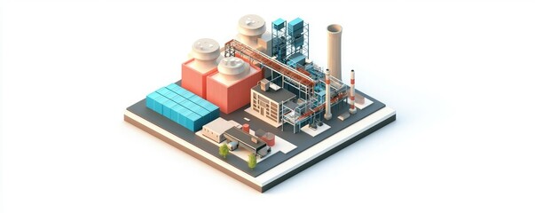 Obraz premium A detailed isometric view of a modern industrial facility, showcasing factories, storage containers, and smokestacks in a clean, organized layout.