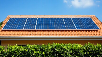 Fototapeta premium Modern house with solar panels on gable roof, clean design, natural light, sustainable living concept.
