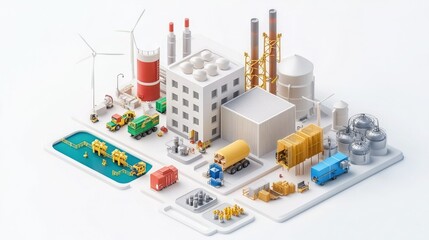 A colorful, miniature industrial landscape featuring various buildings, vehicles, and wind turbines, illustrating a modern manufacturing environment.