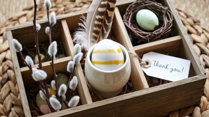 Easter themed decorative box with eggs feathers and pussy willows