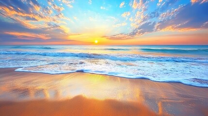 Vibrant sunset over tranquil ocean waves lapping at a sandy beach with colorful clouds