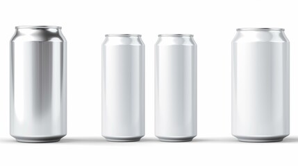 Three Aluminum Beverage Cans of Varying Sizes on White Background Mockup for Branding and Design