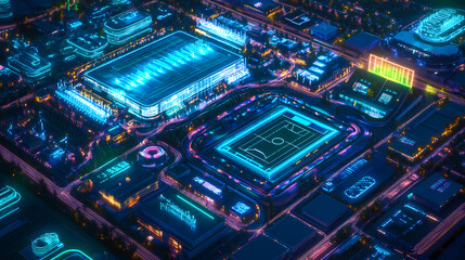 Neon cityscape illuminated nighttime athletic complex. Starlit Glass Cities. Illustration