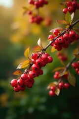 Obraz premium A tree with Viburnum berries hanging from branches in autumn colors, branch, plantlife