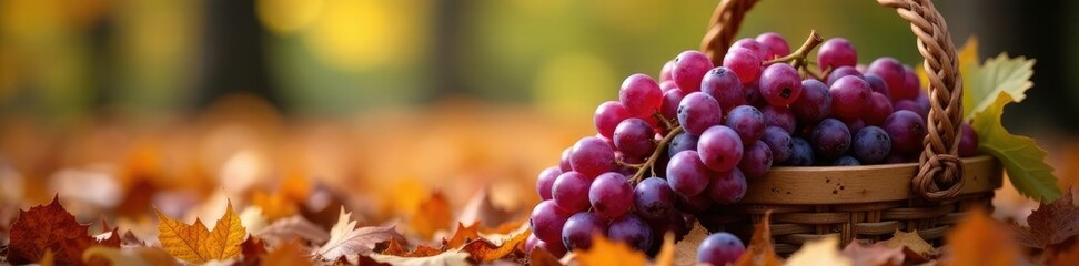 Fototapeta premium A wooden basket overflowing with clusters of purple grapes on a bed of fallen autumn leaves and oak branches, autumn, leafy, foliage
