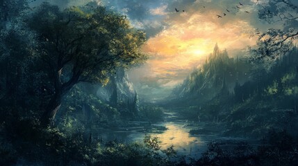 Obraz premium Enchanting Sunset Over a Serene Mountain Landscape With a Reflective Lake Surrounded by Lush Greenery