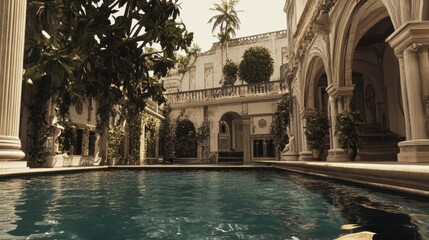 Overgrown Courtyard Pool Ancient Ruins Tropical Paradise