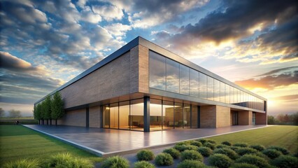 Obraz premium Modern Brick and Glass Building at Sunset with Expansive Lawn and Landscaping