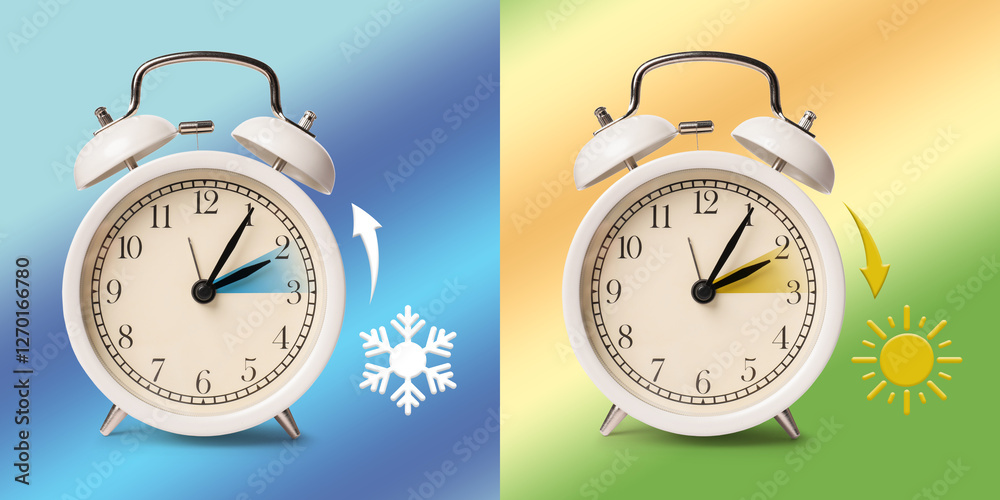 Poster Daylight saving time. White alarm clocks on color background, collage. Highlighted areas and arrows showing time change by one hour forward and back
