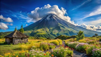Fototapeta premium Serene Stone Hut Beside Vibrant Wildflower Path and Majestic Mountain Peak Under a Cloudy Sky