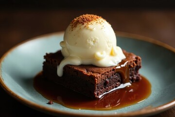 Creamy vanilla ice cream floats on top of espresso-soaked brownie, liquid, decadent