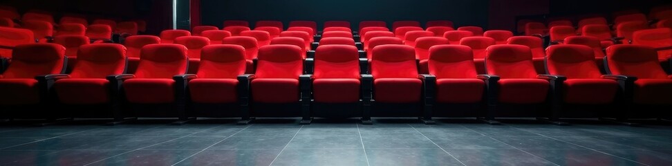 Obraz premium Empty red theater seats on a gray stage floor, theater, floor