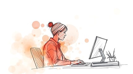 Woman Working at Computer Desk Sketch