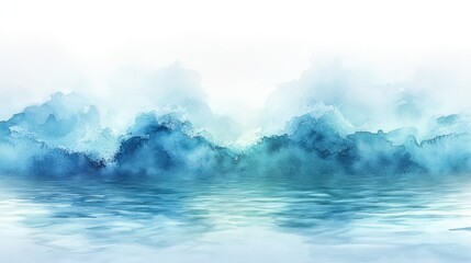 Fototapeta premium Serene watercolor landscape depicting tranquil blue mountains and reflective water surface