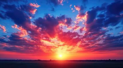 Vibrant sunset over an open field with dramatic clouds and colorful sky, serene atmosphere