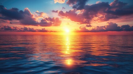Obraz premium Vibrant sunset over calm ocean waters, reflecting colorful clouds and serene atmosphere