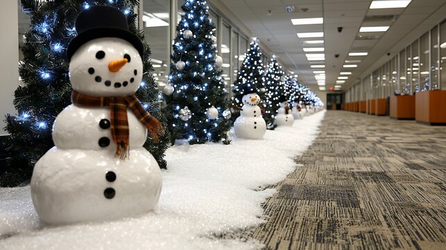 Festive office hallway decorated with snowmen and Christmas trees. - Powered by Adobe