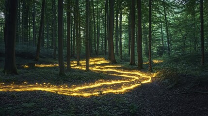 Obraz premium Golden Path Illuminates A Dark Forest Trail