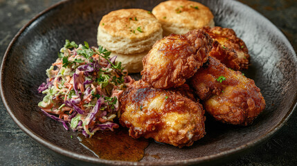 Fototapeta premium Crispy golden Southern-style fried chicken, served on a rustic plate with homemade buttermilk biscuits and a side of coleslaw