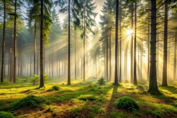 Obraz premium Sunbeams Illuminate a Misty Forest at Dawn, Casting Long Shadows on the Mossy Ground