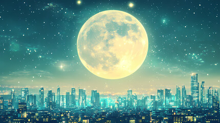 A futuristic cityscape with glowing lights stands against a backdrop of a large, glowing moon. Starlit Glass Cities. Illustration