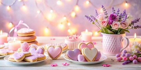 Fototapeta premium Romantic Valentine's Day Dessert Table Setting with Heart-Shaped Cookies and Flowers