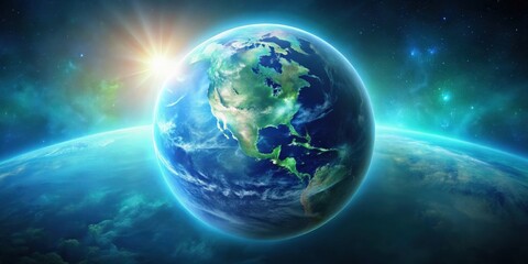 Obraz premium A Stunning View of Planet Earth from Space, Illuminated by the Rising Sun, Showcasing the Beauty of Continents and Oceans