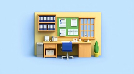 A modern office workspace featuring a desk, chair, filing cabinets, bulletin board, and plant against a light blue background.