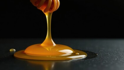 Honey flowing down a black background with a single drop, dark surface, golden nectar, liquid wax