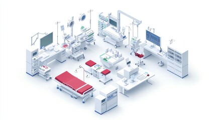 A modern medical facility layout featuring various hospital equipment, including beds, monitors, and surgical instruments, designed in a sleek, minimalist style.