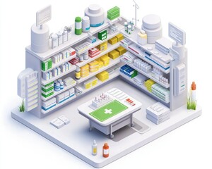 Obraz premium A stylized pharmacy interior featuring shelves of medications, a consultation area, and storage, emphasizing a clean and organized layout.