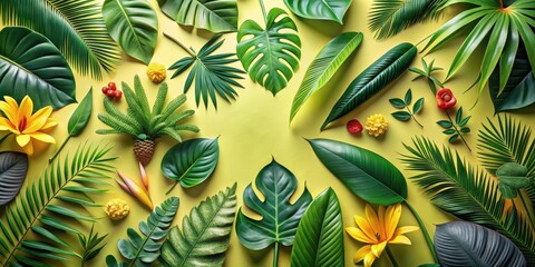 Vibrant Tropical Foliage Arrangement Featuring Lush Green Leaves, Exotic Blooms, and Colorful Berries on a Sunny Yellow Background