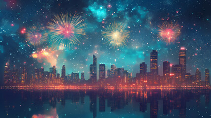 Cityscape with fireworks display and starry sky. Starlit Glass Cities. Illustration
