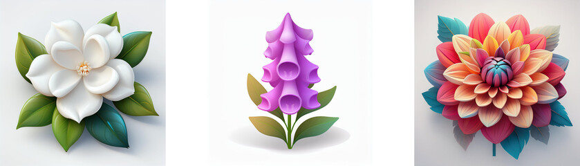 Fototapeta premium Three digital flowers are displayed: a white magnolia, a purple foxglove, and a vibrant dahlia. Soft, stylized, and isolated on a white background.