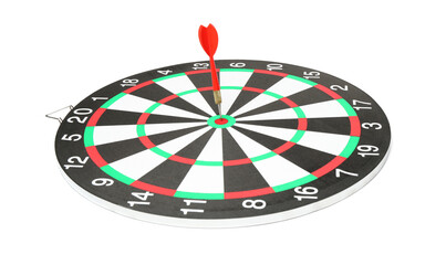 Dart board with red arrow hitting target isolated on white