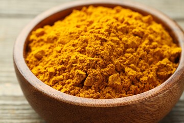 Turmeric powder in bowl on table, closeup