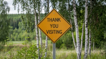 A yellow thank you visiting sign stands by birch trees