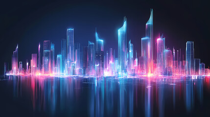 Fototapeta premium Futuristic neon skyline: vibrant cityscape in electric hues of blue and pink. Starlit Glass Cities. Illustration