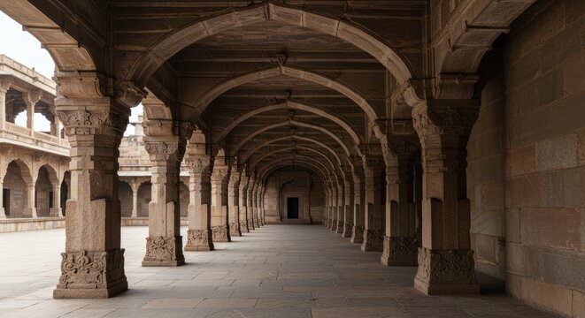 Ancient Architecture: Majestic Stone Colonnade in Champaner-Pavagadh Archaeological Park