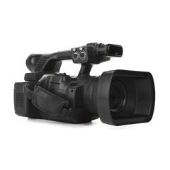 Modern professional video camera isolated on white