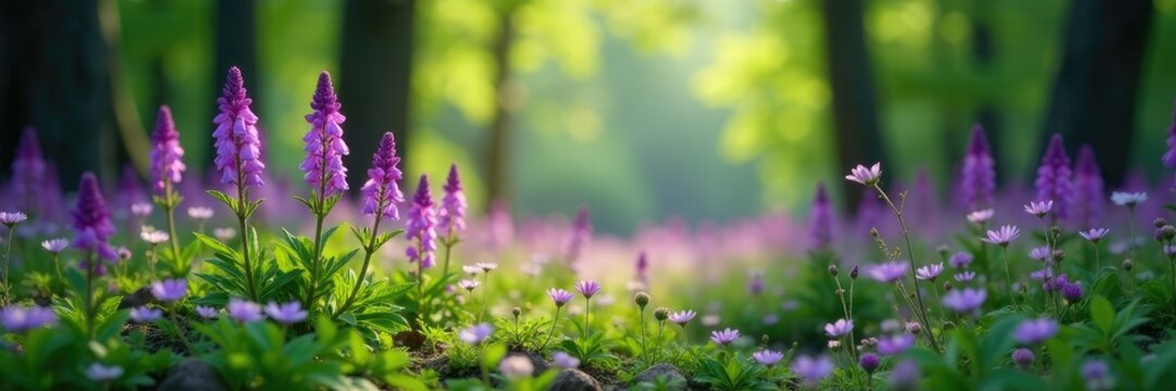 Purple asfodelo blooms in a wild forest clearing, nature, foliage, greenery