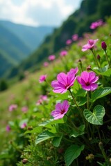 Obraz premium Purple Himalayan Balsam Impatiens glandulifera in full bloom on green hillside, alpine garden, impatiens, flora