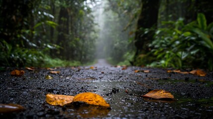 Obraz premium Rainy forest path with fallen leaves.