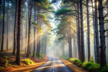 Sunlit Path Through a Misty Pine Forest, a Serene and Picturesque Road Winding Through Tall Trees on a Foggy Morning