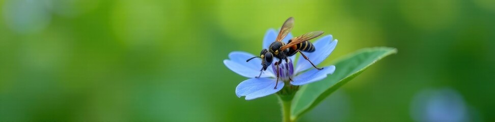 Fototapeta premium Scolia sexmaculata wasp on a blue forget-me-not flower, nature photography, wasp