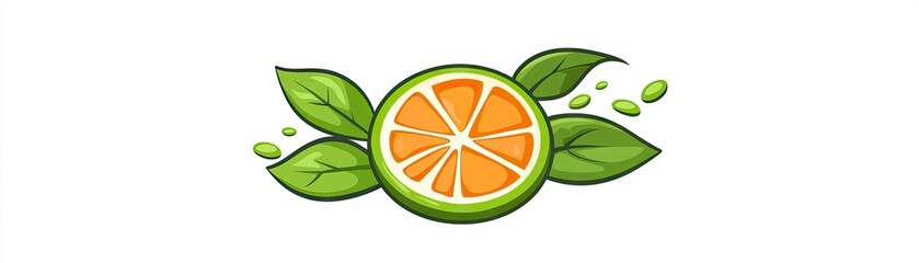 Juicy orange slice with leaves, white background, healthy food