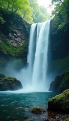 Fototapeta premium serene and peaceful waterfall in misty atmosphere, waterfall, bokeh, misty atmosphere