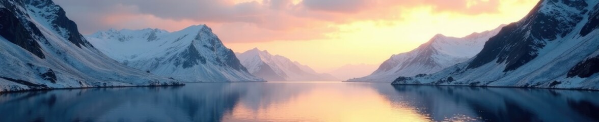 Fototapeta premium Serene fjord landscape with snowy mountains and soft golden light, snowy mountains, fjord