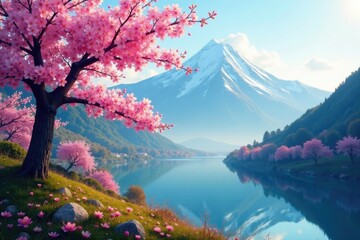 Serene mountain landscape with blooming cherry blossoms, blooming, dawn, dreamy